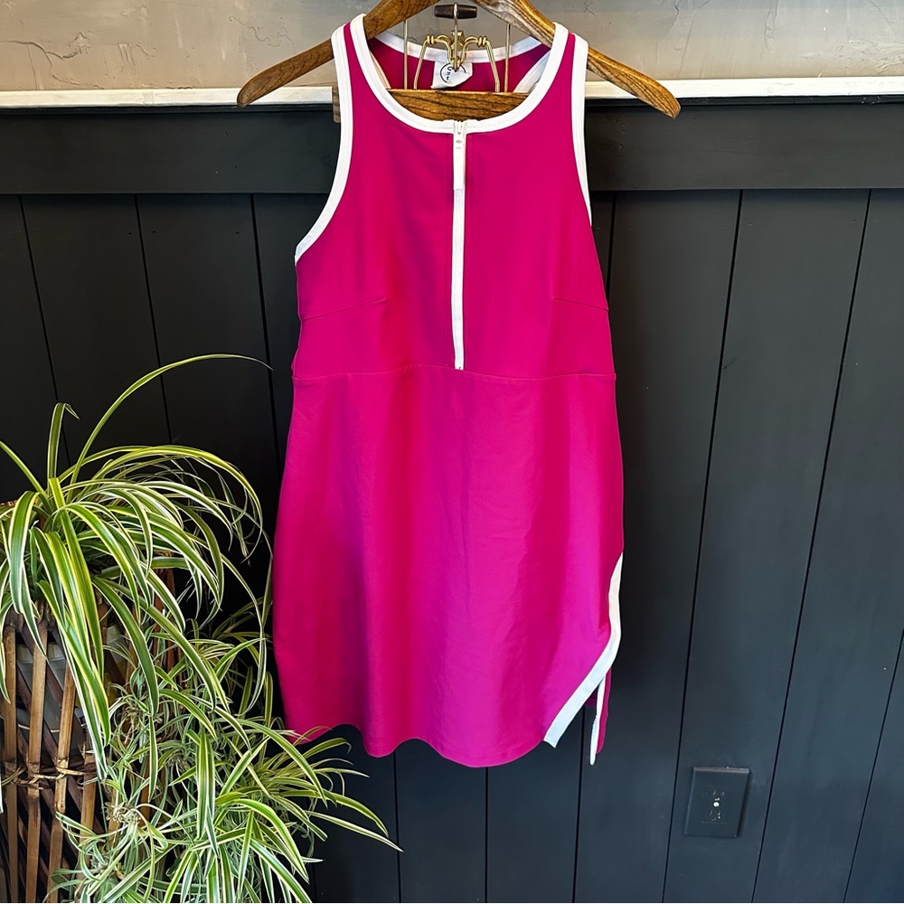 Women’s Fuchsia Sleeveless Zip-Front Athletic Dress with White Trim